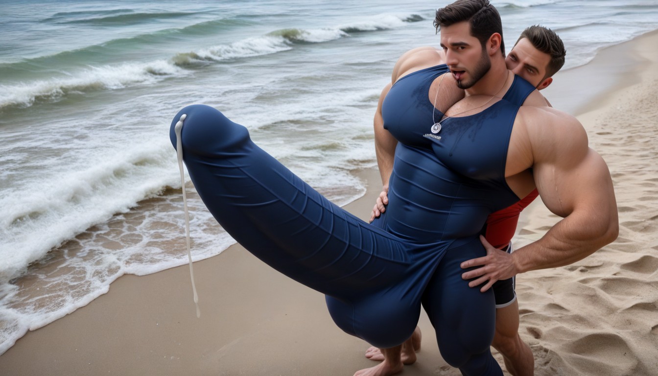 Beach, Licks Own Cock Tip, Selfsuck ゲイAIポルノ