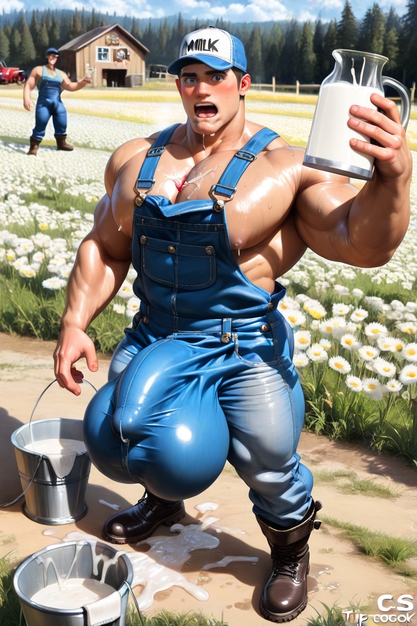 Giant Balls, Man Touches His Bulge, Cum Bucket In Background ゲイAIポルノ
