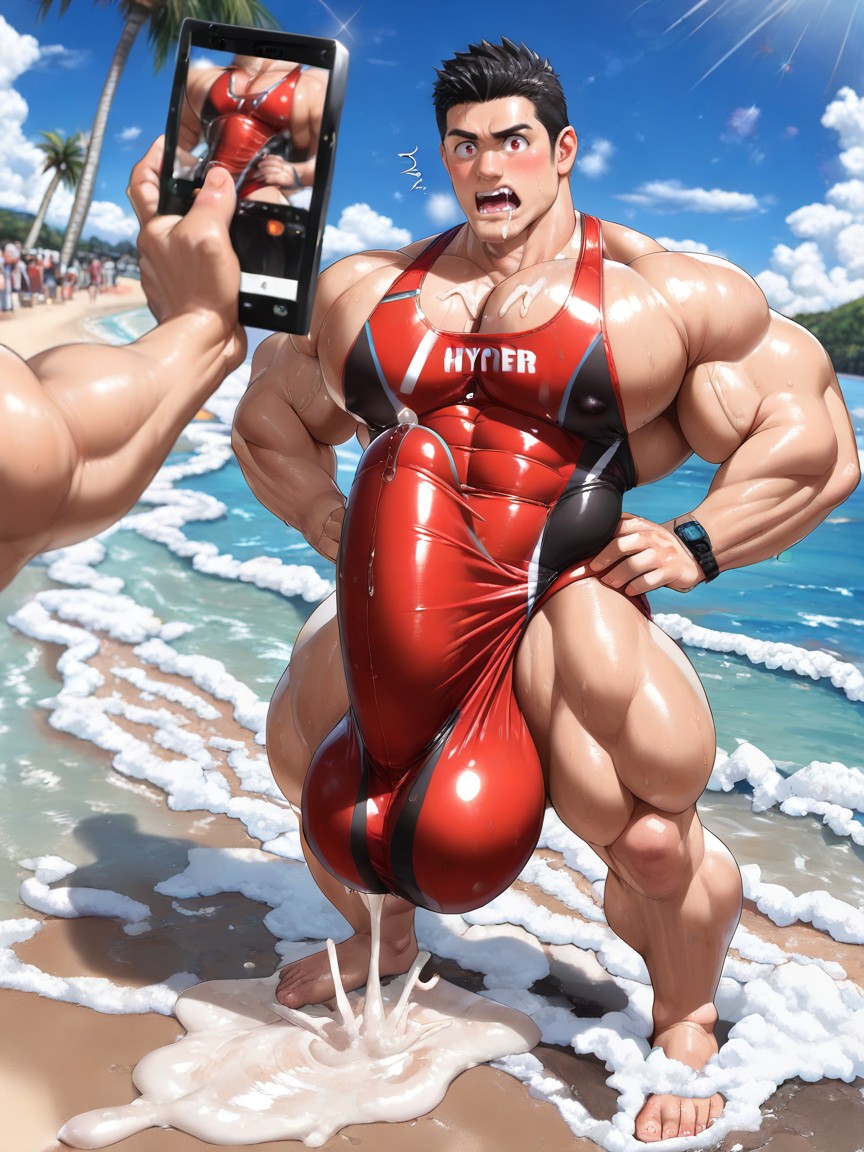 Photorealistic, Full Body Visible, Tip Of Bulge Above Pecs Porno IA Gay