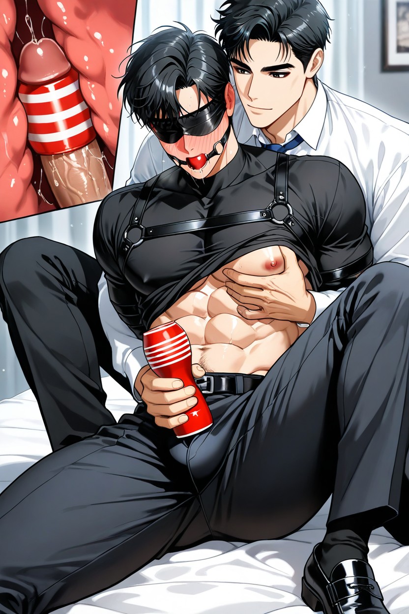A Blue Tie, Strap Leather Shirt Harness, Layered Hair ゲイAIポルノ