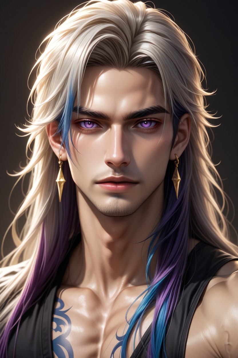 Long Hair, Purple Eyes, Tattoos Porno IA Gay