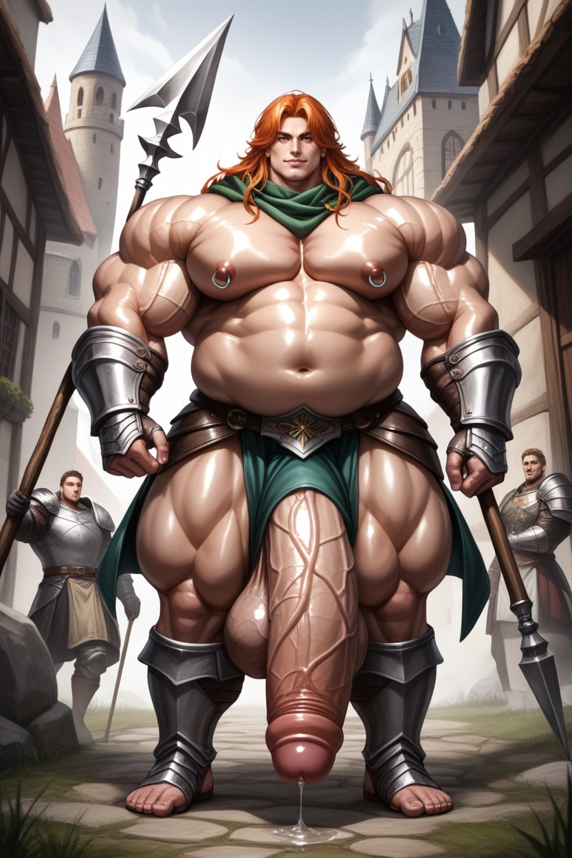 Battle Pose, Medieval Fantasy Armor, オイルを塗った肌 ゲイAIポルノ