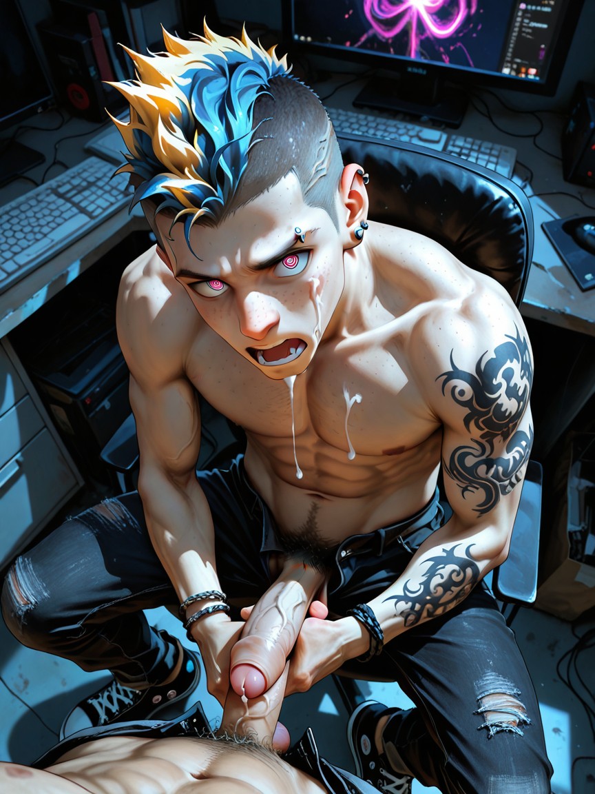 Bedroom, Blue Hair With Blonde Highlights, Dynamic Pose ゲイAIポルノ