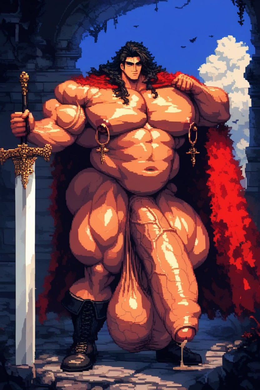 Huge Bulky Muscles, Cartoonish Face, Absurdly Long Oversized Flaccid Penis Porno IA Gay