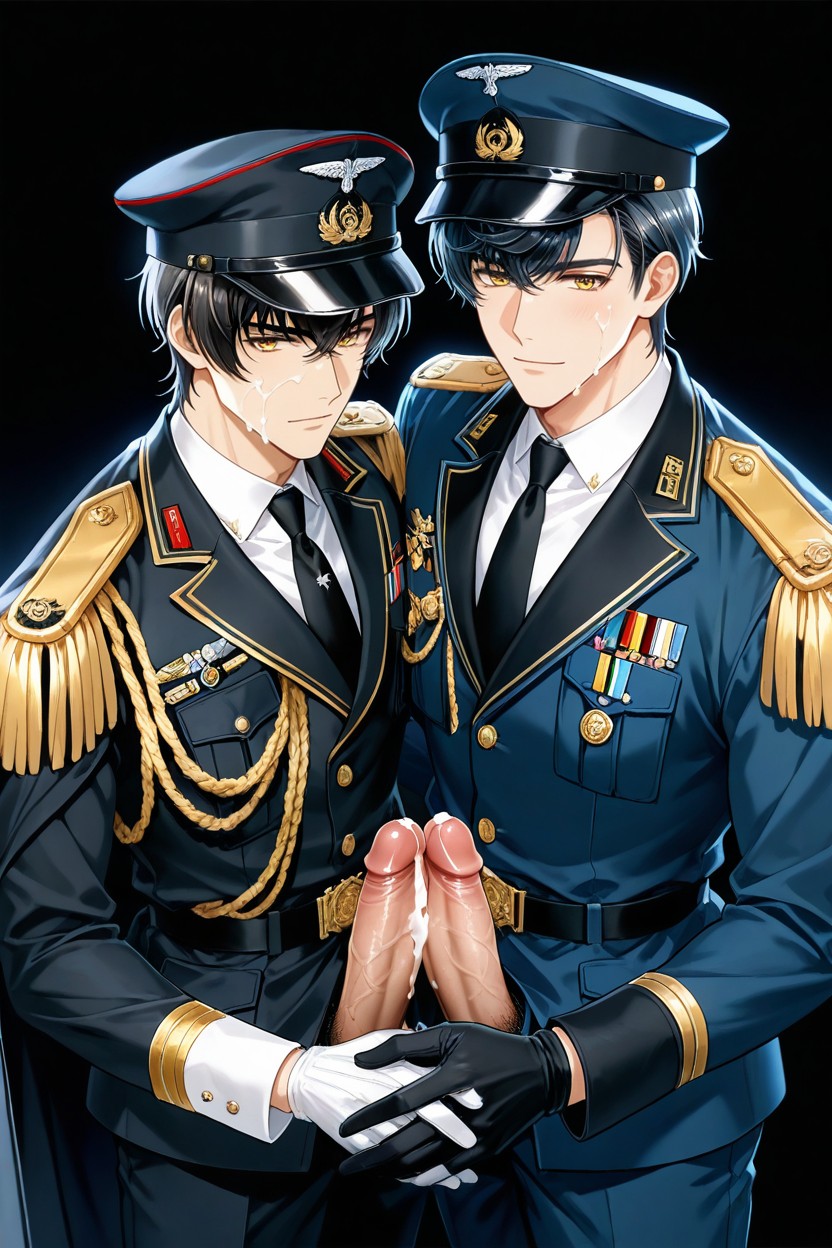 A Man's Hand Touches His Penis, Sharp Yellow Eyes, Neat And Clean ゲイAIポルノ