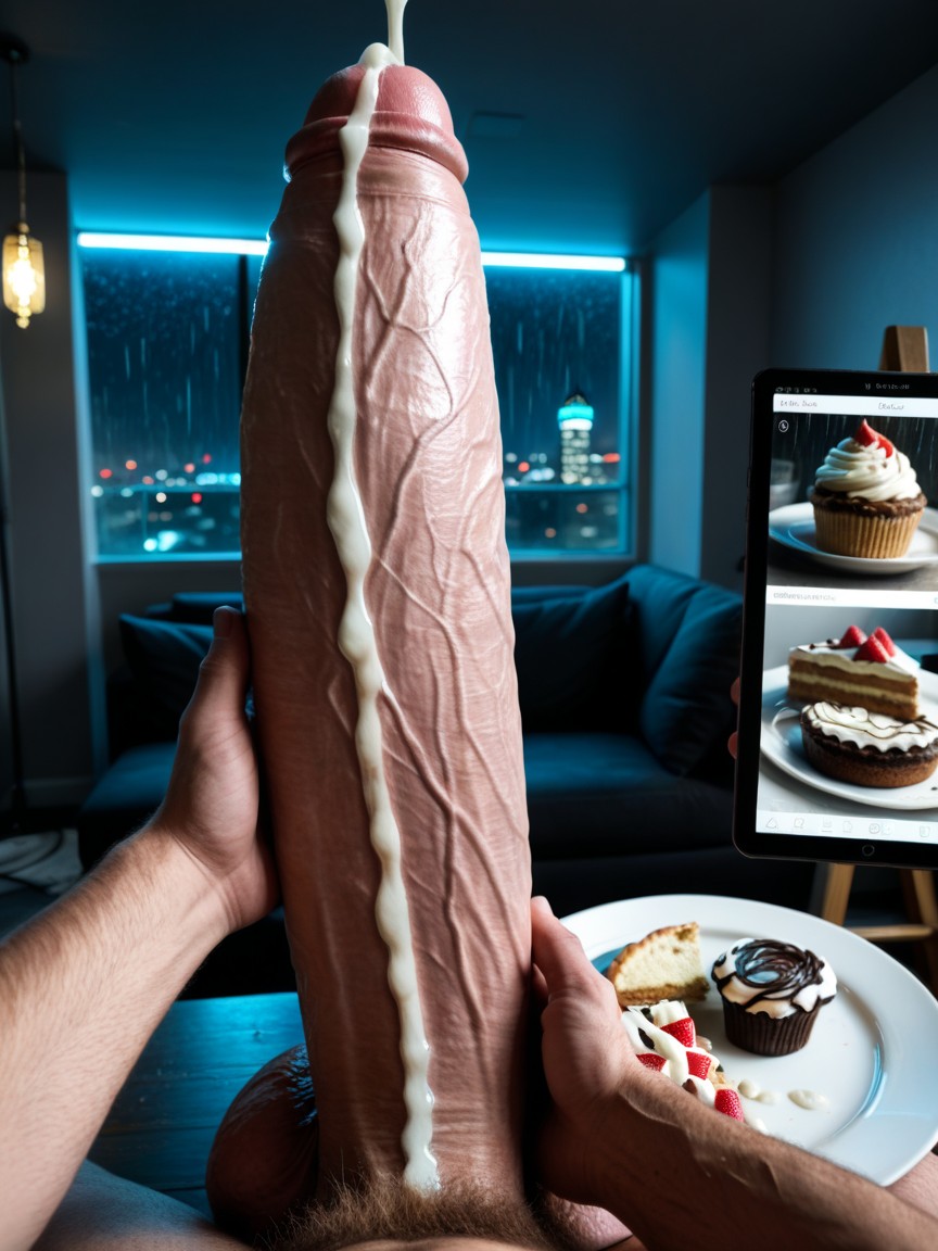 Impossibly Long And Thick Hyper Cock, Dick Reaches Far Beyond Arms Reach, Holding Cock Above Plates Of Food ゲイAIポルノ