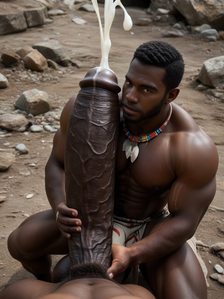 Clean Lines, Looking Up At Cock, Absurdly Surreal Oversized African Hyper Cock ゲイAIポルノ