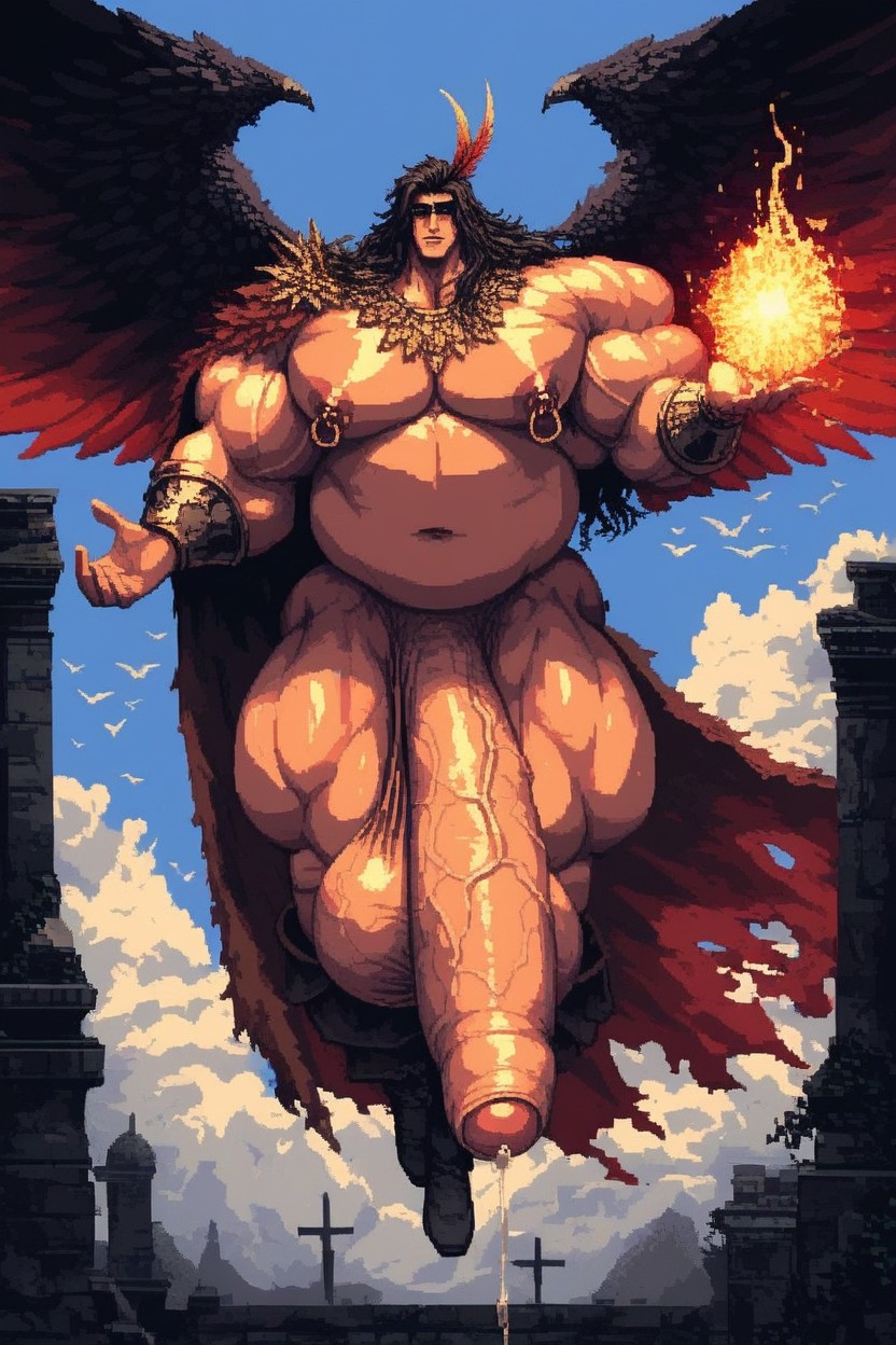 Cheveux Multicolores, Battle Pose, Absurdly Long Oversized Flaccid Penis Porno IA Gay