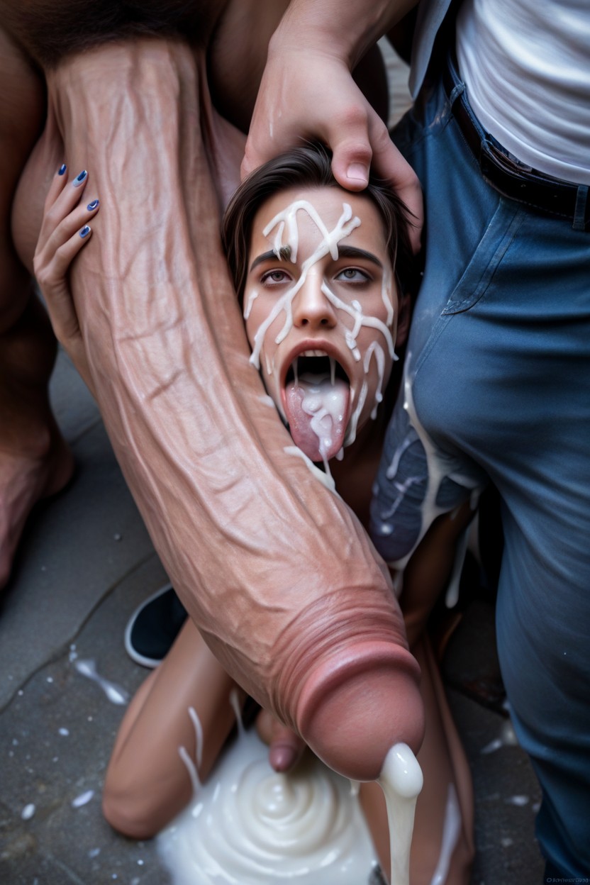 Cum Shoots And Splatters Directly Into Mouth And Face, Close-up, Photographic Style Porno IA Gay