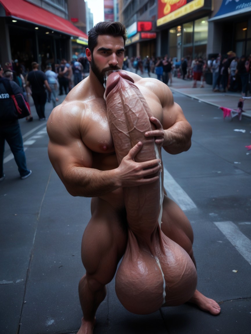 Gigantic Hyper Man Hugs Own Cock, Solo Male, Cock Bigger Than Body Porno IA Gay