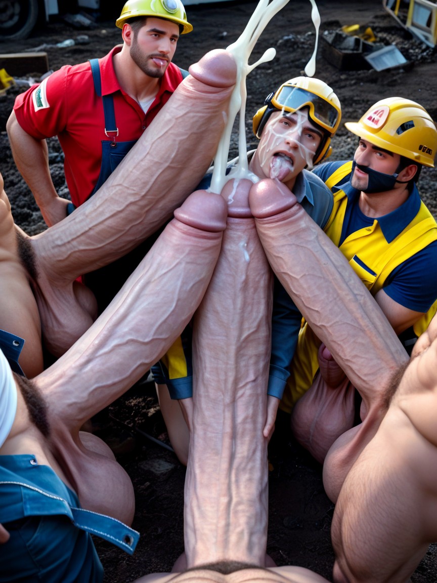 Construction Crew, Realistic, Cum On Tongue Pornografia gay com IA