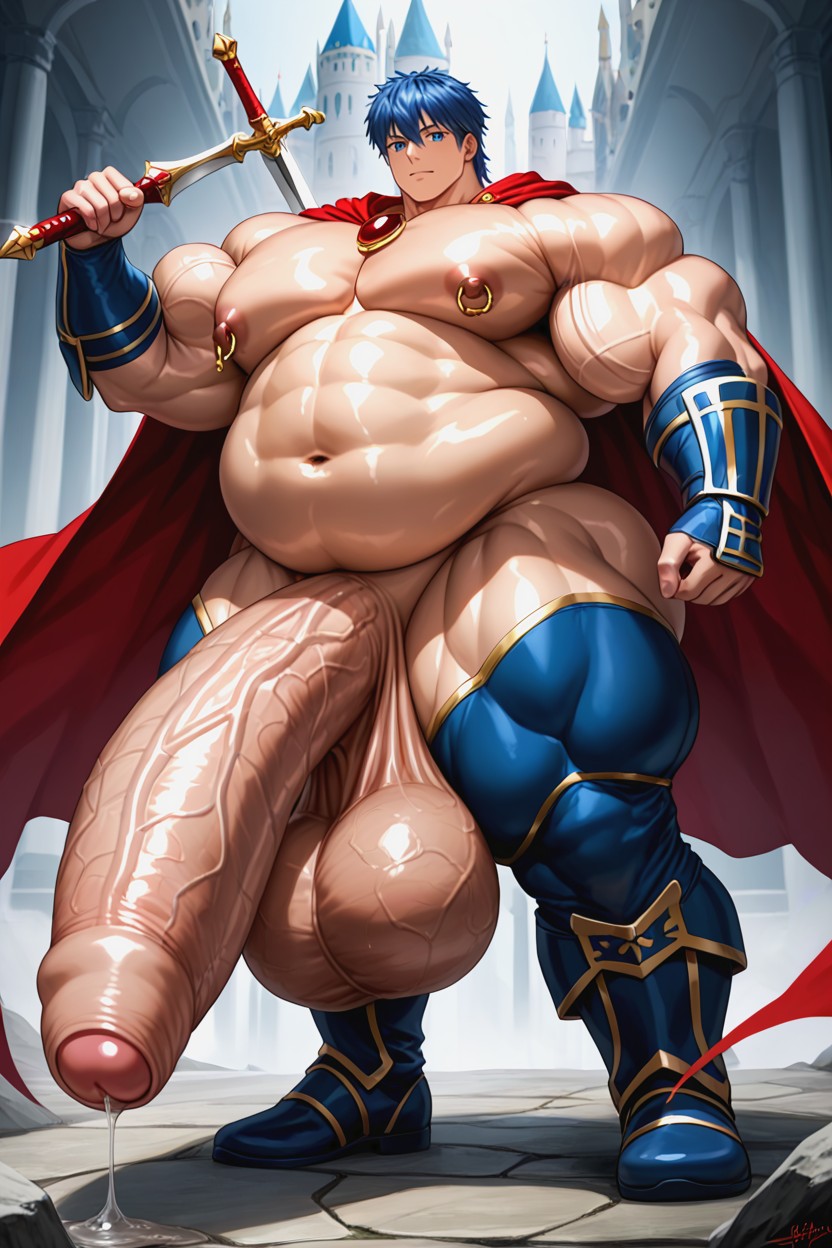 Gold Hairband, Hyper Huge Veiny Bulging Testicles, Dark Blue Armor With Gold Trim Porno IA Gay