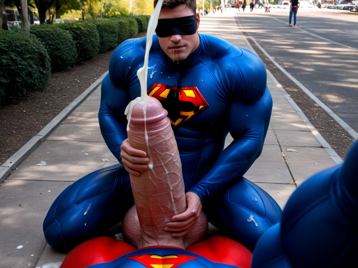 Angular Features, Gigantic Fully Erect Upright Hyper Cock Bulge In Superhero Suit, Handjob Pornografia gay com IA