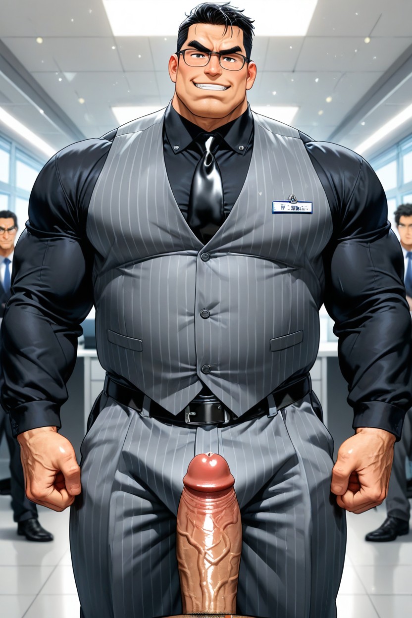 Black Belt, Full-length Buttoned Trousers, Tight Fitting Clothes ゲイAIポルノ