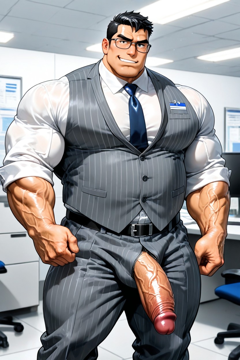 Huge Oversized Pecs, Buttoned Shirt, Gray Formal Office Form Fitting Clothes 게이 AI 포르노