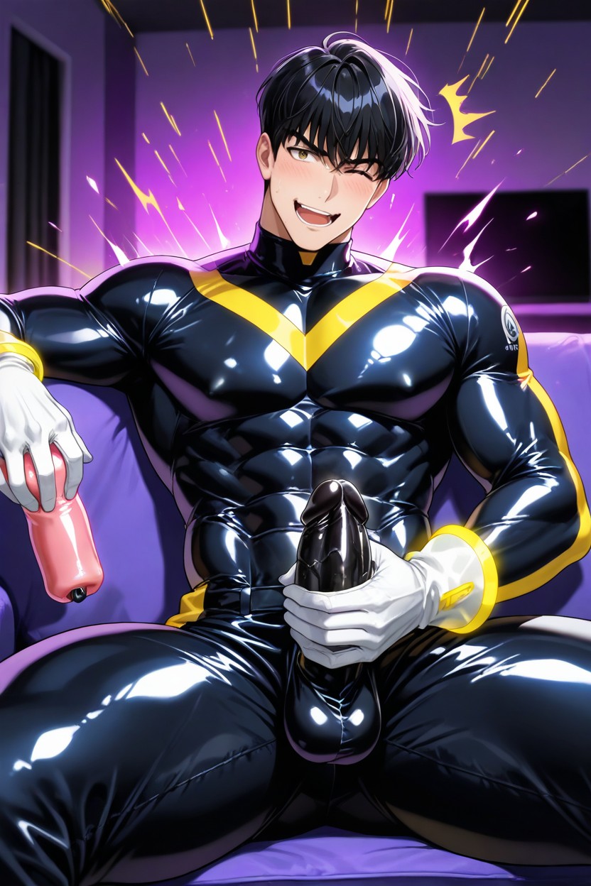 Black Rubber Penis, Jumpsuit, Orgasme Porno IA Gay