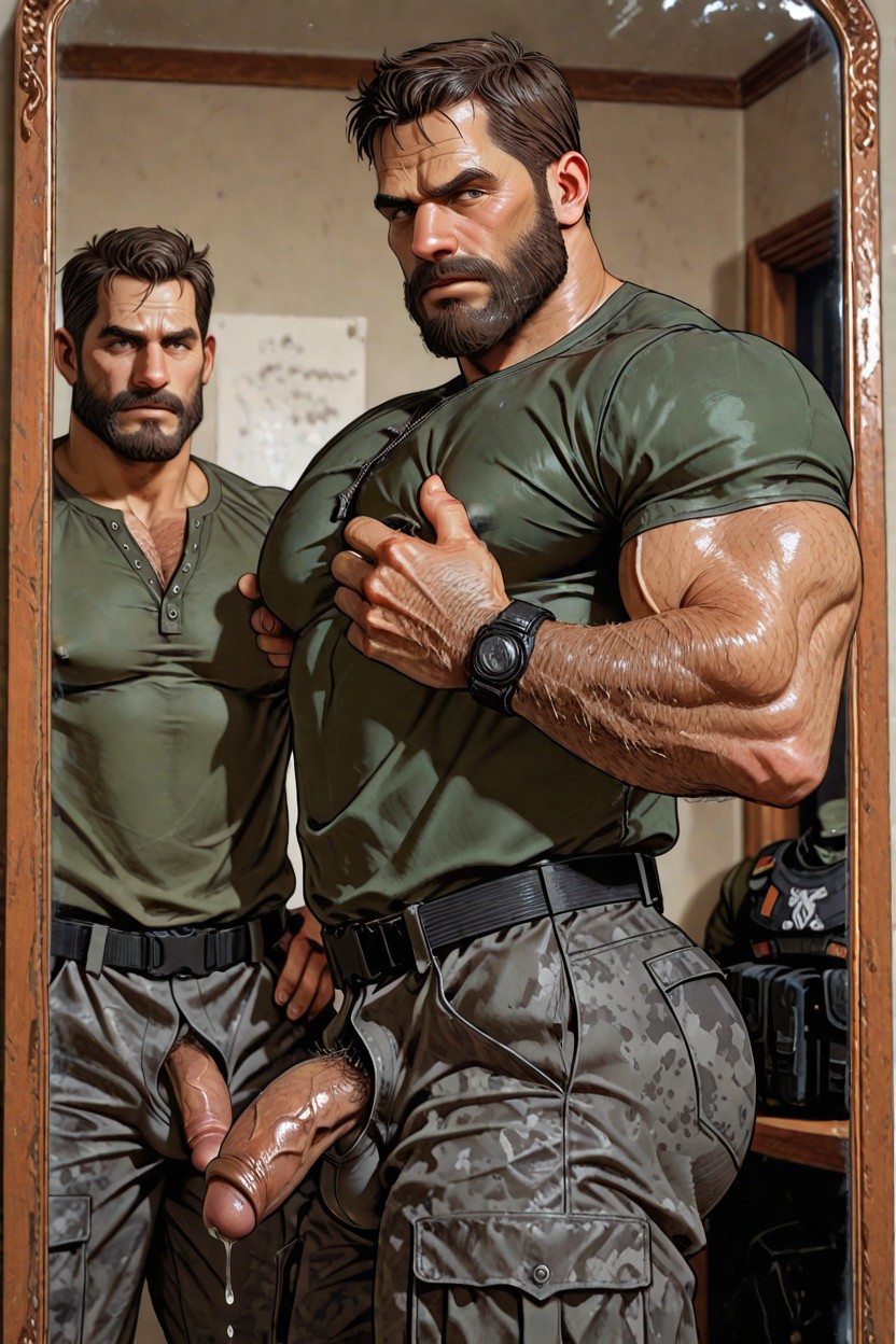 Oversized Muscular, Brown Hair, Military Straps 게이 AI 포르노