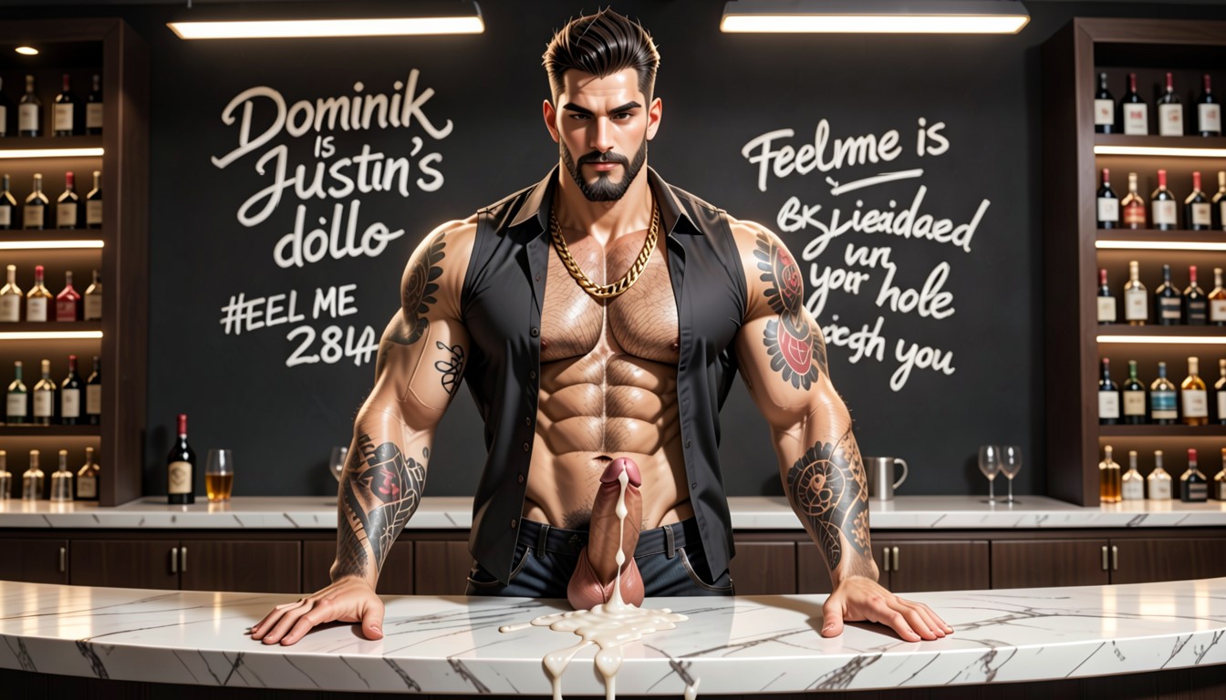 Dark Jeans, Pale Skin, Hungarian Passion Sign "dominik Is Justin's Dildo" Hyperreal Photorealistic Hdr Ultra High Resolution K Cinematic Dominik Porno IA Gay