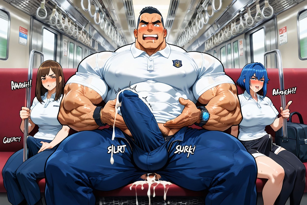 Handsome Men, Large Pectoralis Major, Sitting On A Row Of Train Seats Porno IA Gay