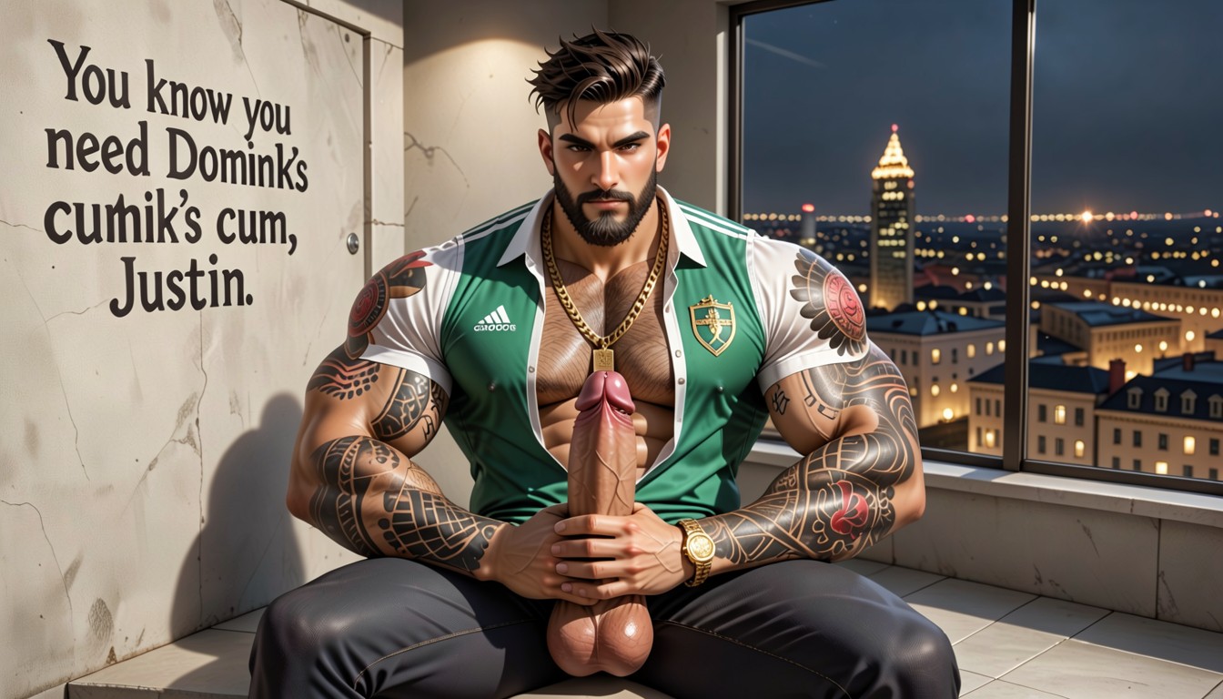 Wearing Green Tactical Vest Unbuttoned Showing Hairy Chest And Tattoos, Tattooed Arms, Inches Porno IA Gay