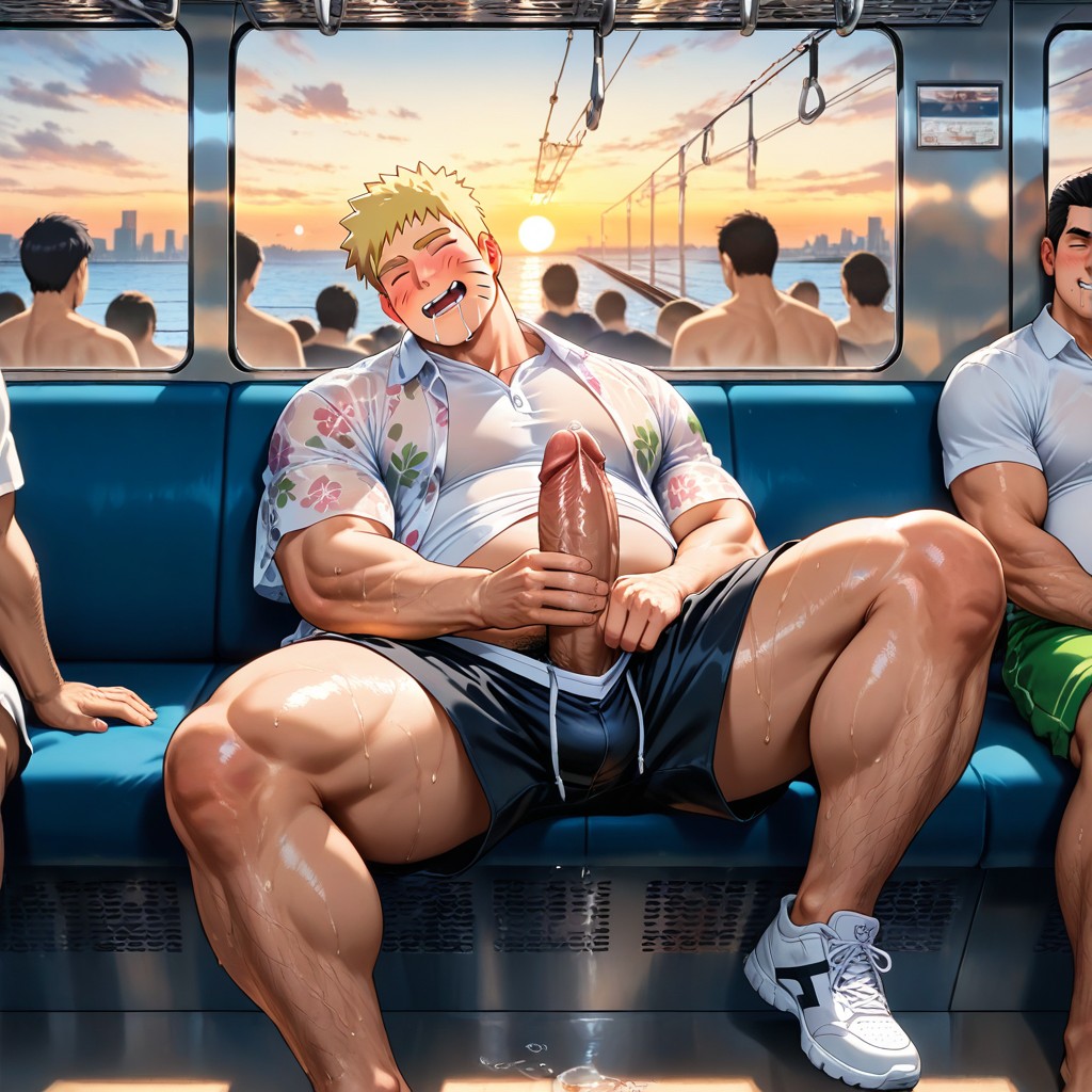 Sitting On A Row Of Train Seats, Glans Facing Slightly Upward, Medium AI Gay Porn