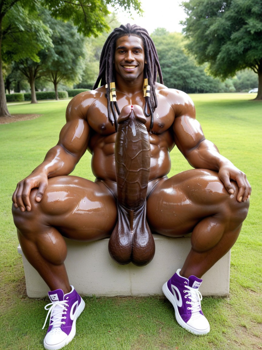 Hyper Thick Muscular Bara Body, Happy, Dreadlocks AI Gay Porn
