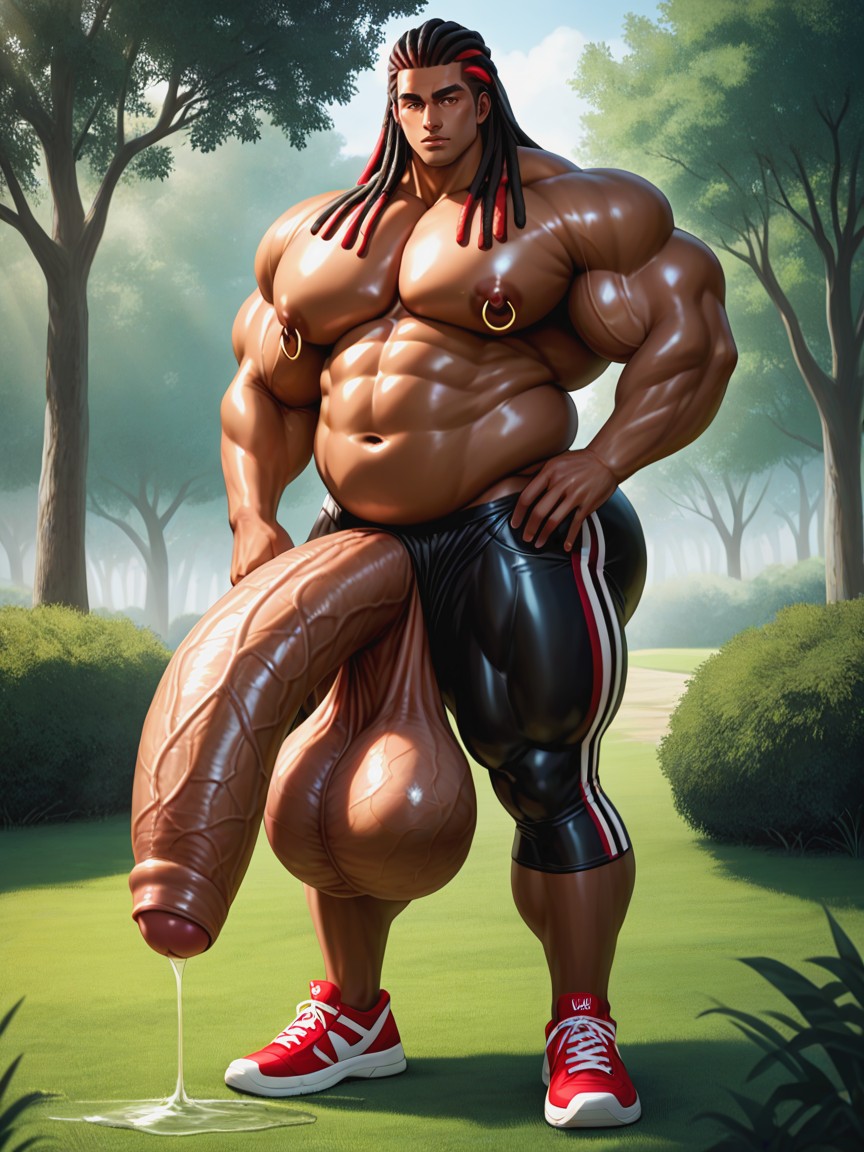 Shaved Body, Black Hair With Red Highlights, Oversized Muscles AI Gay Porn
