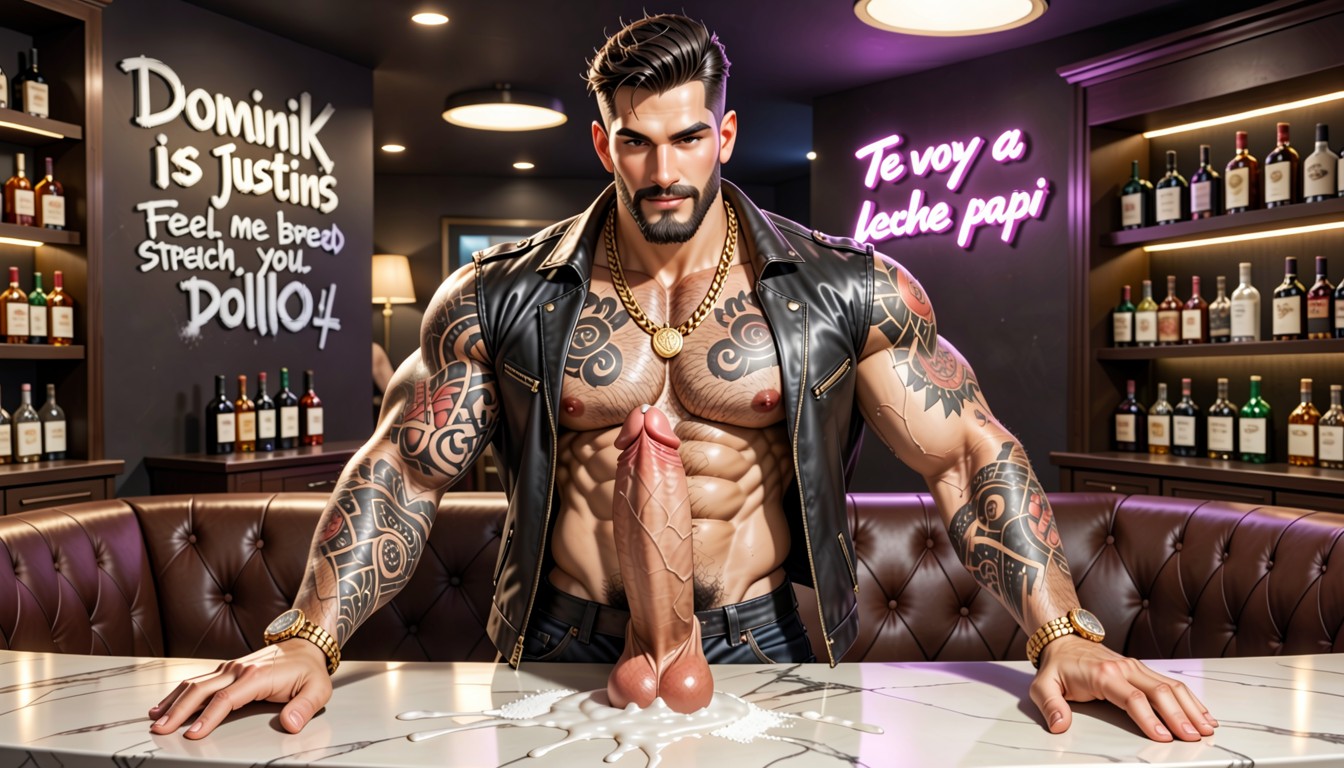Full Sleeve Tattoos On Both Arms With Intricate Designs Wearing Black Open Vest Showing Hairy Tattooed Chest, Thick Gold Chain Necklace, Holding One Big Thick Realistic Flesh-colored Dildo That Looks Like A Real Inch Cock With Lube And Cum Dripping Porno gay IA