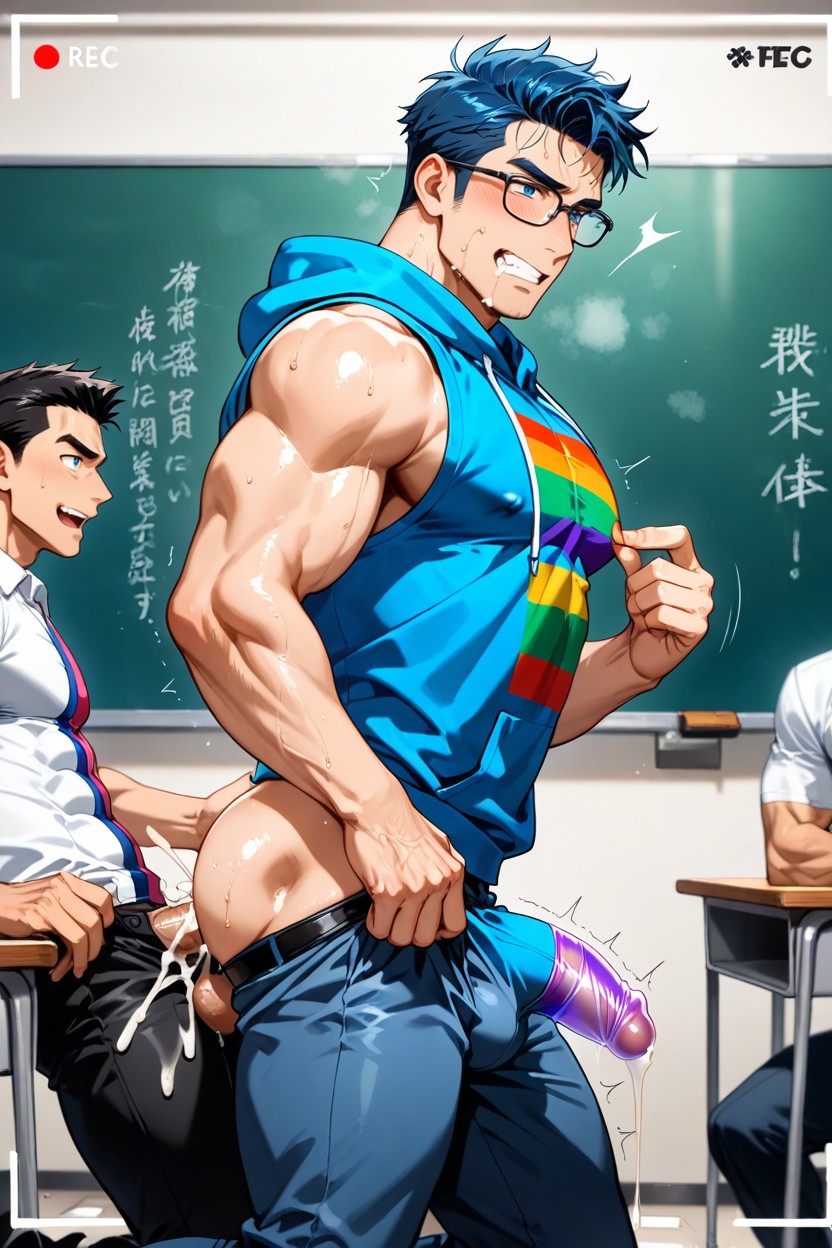 Classmate Laughing, Balls Dripping With Cum, Blue Hair AI Gay Porn