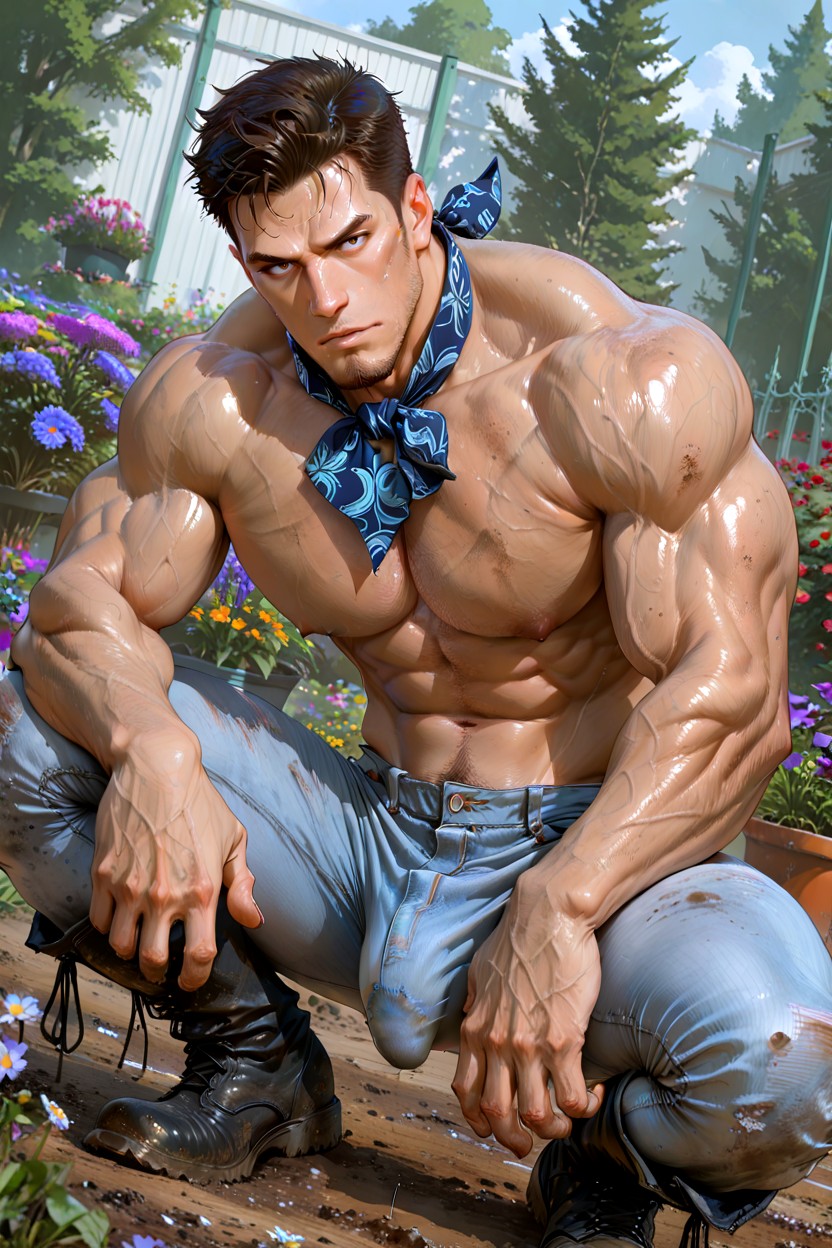 Overdeveloped Muscles, Blue Patterned Neckerchief, Defined Long Outline Bulge In Jeans AI Gay Porn