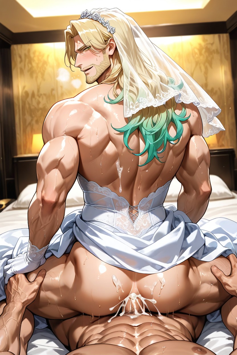 Sweaty, Gradient Blonde To Light Green Tips, Muscular Man AI Gay Porn