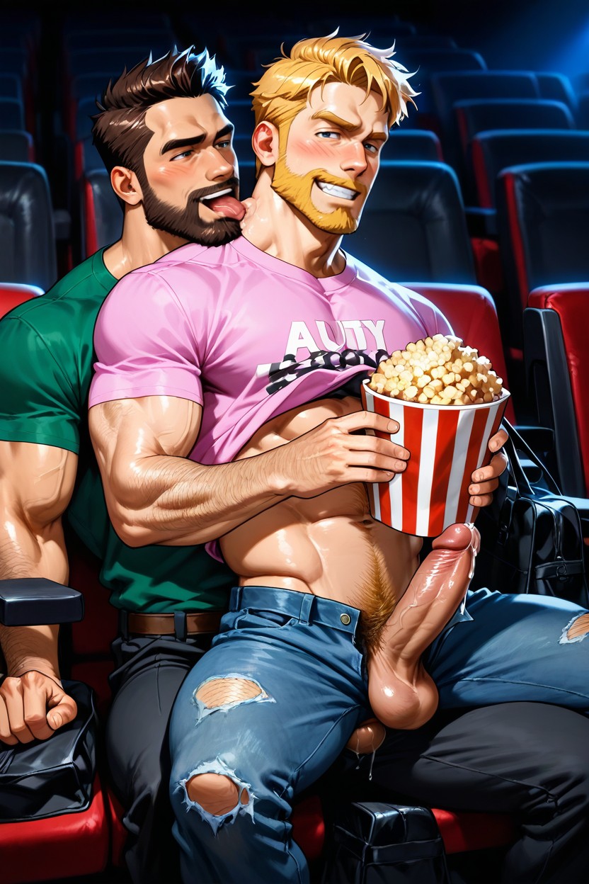 Top Male Is Sitting In A Movie Seat, Pink Shirt, Mature Man AI Gay Porn