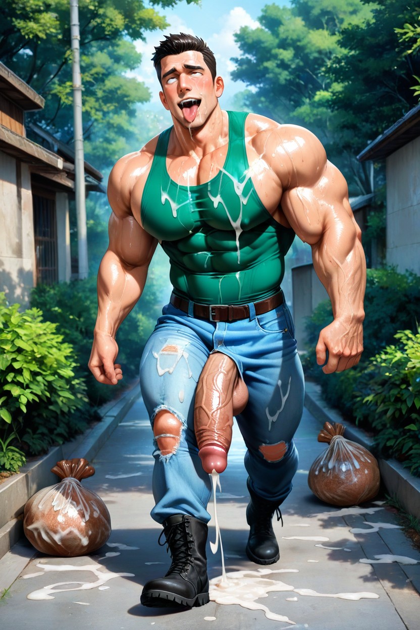 Guy, Ground Full Of Semen, Cock Out Of Jeans AI Gay Porn