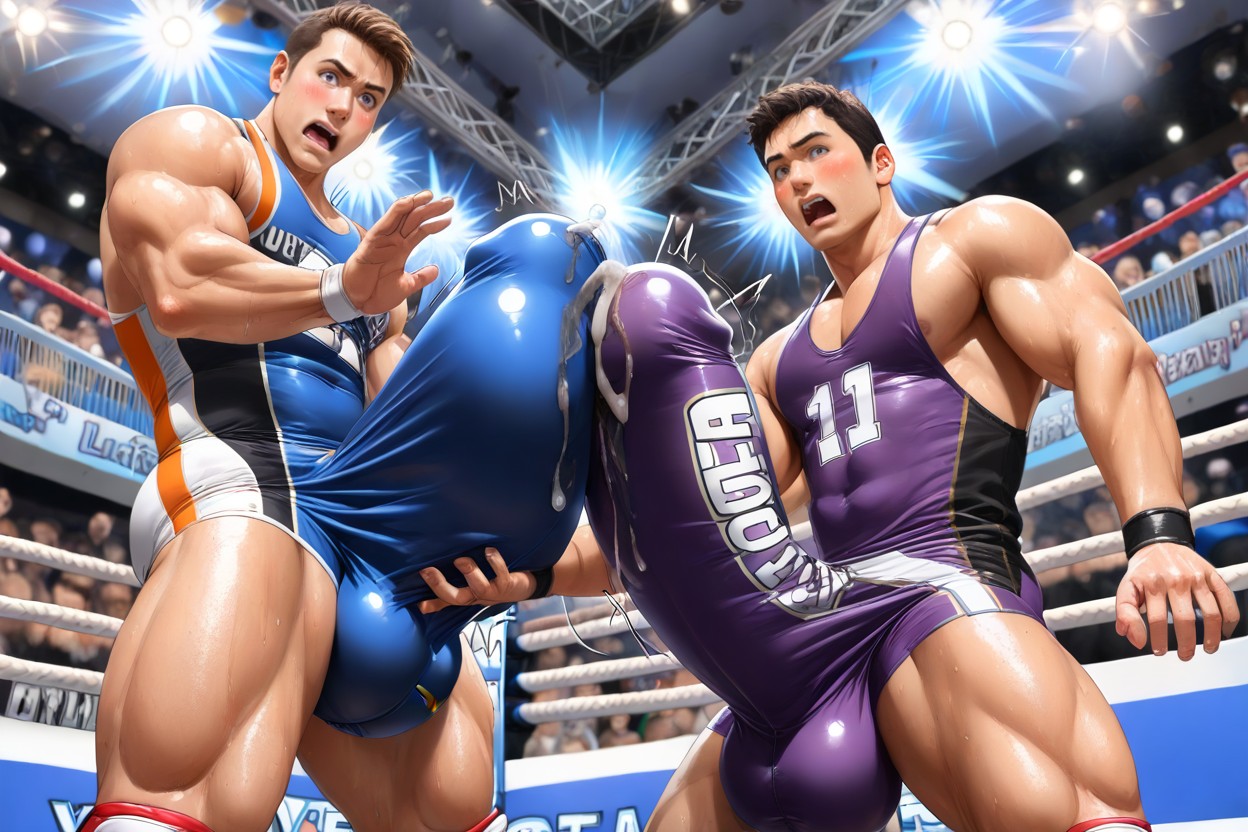 Wrestling Singlet, Hands Cupping Man's Massive Balls, Embarrassed AI Gay Porn