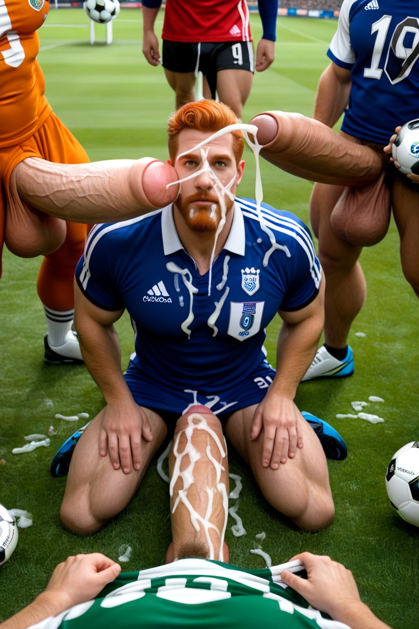 Hq, Thick Globs Of Cum On Clothes And Hair, Handsome Bearded Male Ginger Soccer Player Kneeling On The Floor Looking Up AI Gay Porn