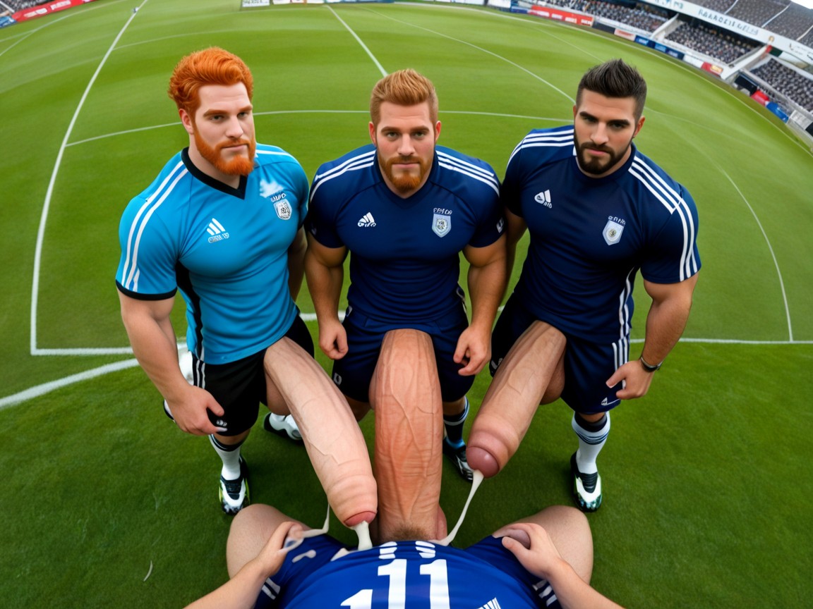 Multiple Giant Uncut Hyper Dicks, Cocks Cumming On Soccer Player Face, On Soccer Field Grass Inside Stadium AI Gay Porn