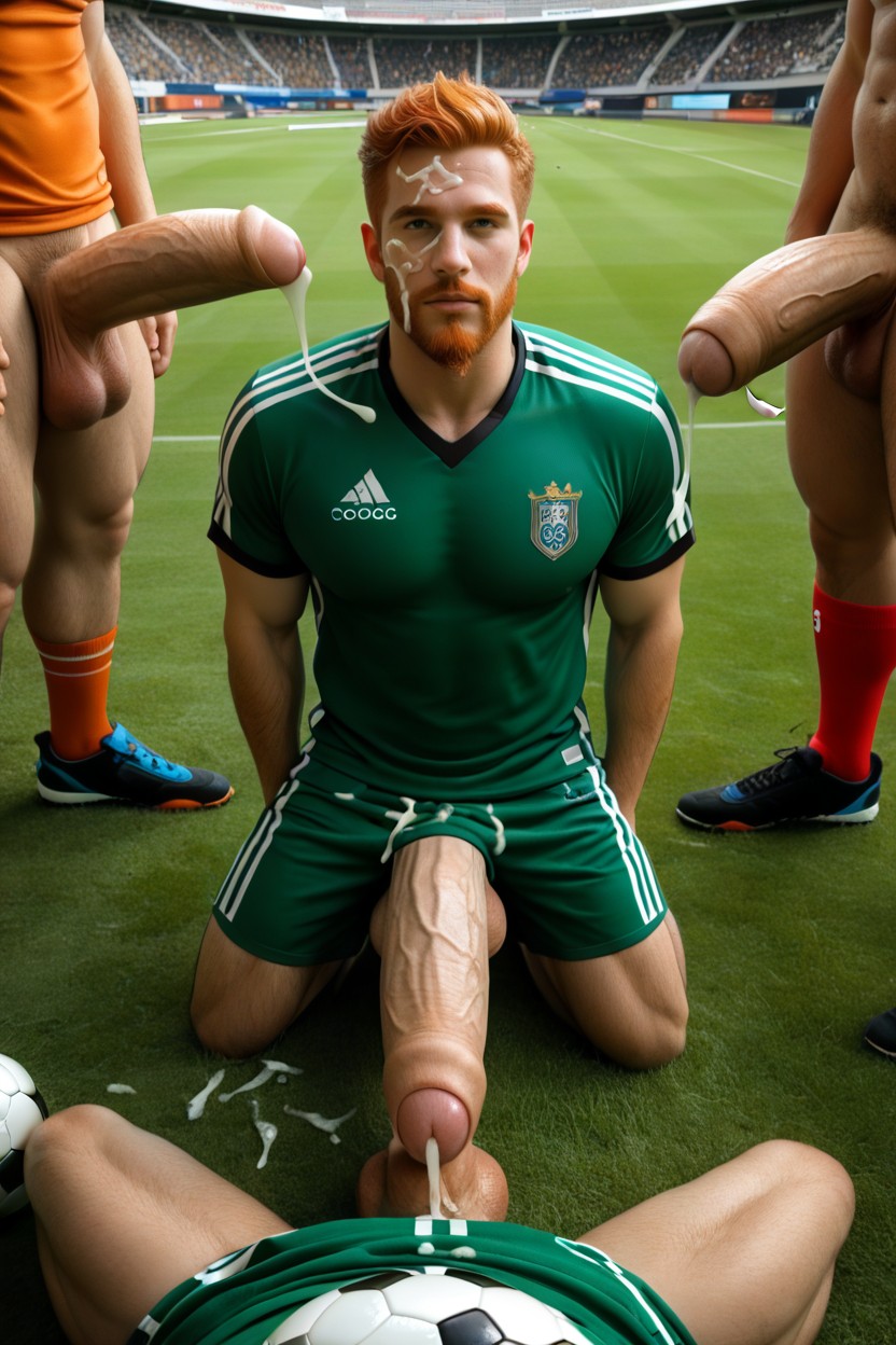 Group Of Cocks, Cocks Cumming On Soccer Player Face, Photographic Style AI Gay Porn