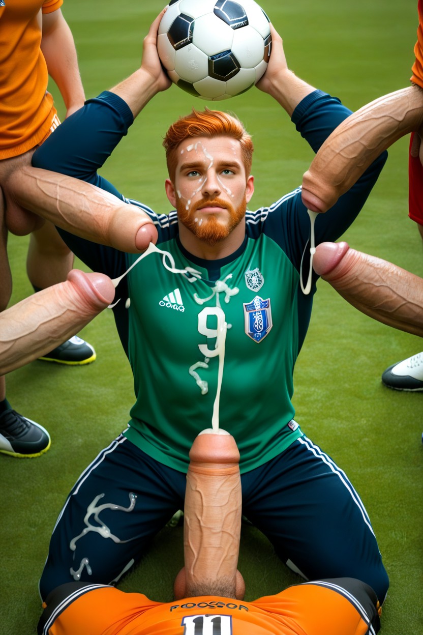 Square Jaw, Gigantic Hyper Long And Hyper Thick Uncut Penis, On Soccer Field Grass Inside Stadium AI Gay Porn