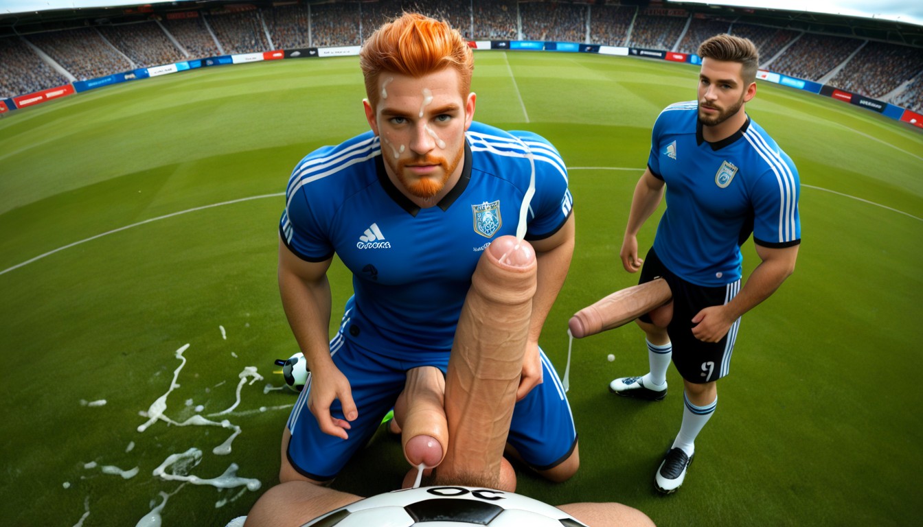 Standing Looking Down From Above View, On Soccer Field Grass Inside Stadium, Only Males AI Gay Porn