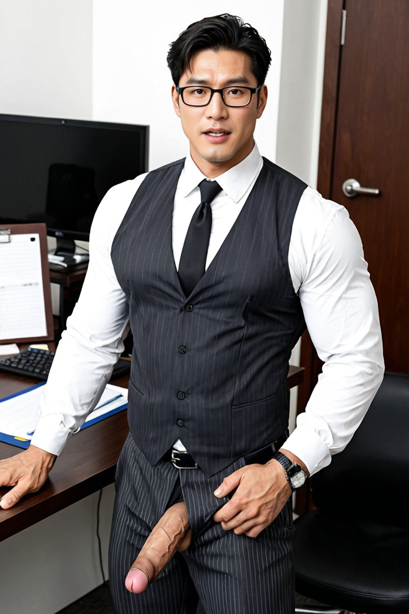 Standing In Office Room, Watch On Right Hand, Glasses AI Gay Porn
