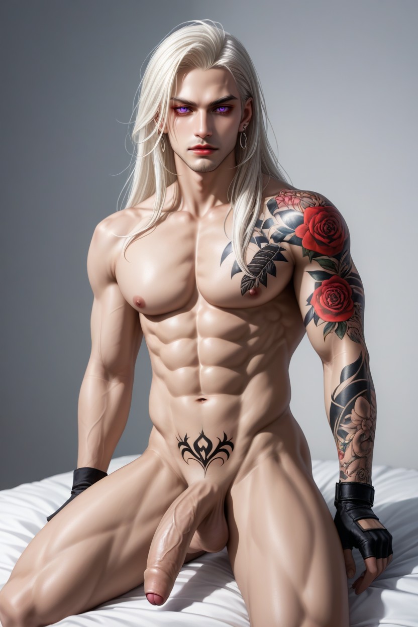 Pale Glossy Skin, Big Curved Penis, Muscular AI Gay Porn