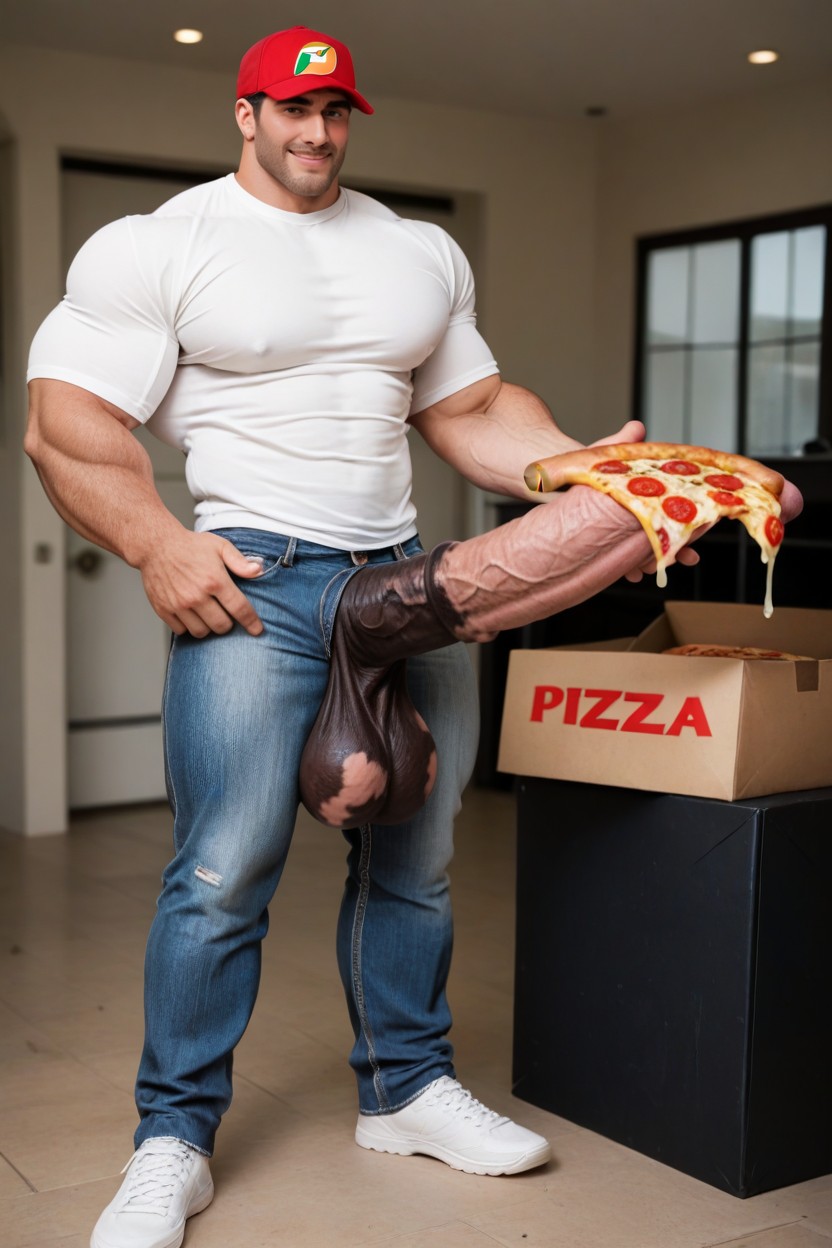 Handsome, Wearing Hat With Pizza Uniform Logo On It, Smirk Expression AI Gay Porn