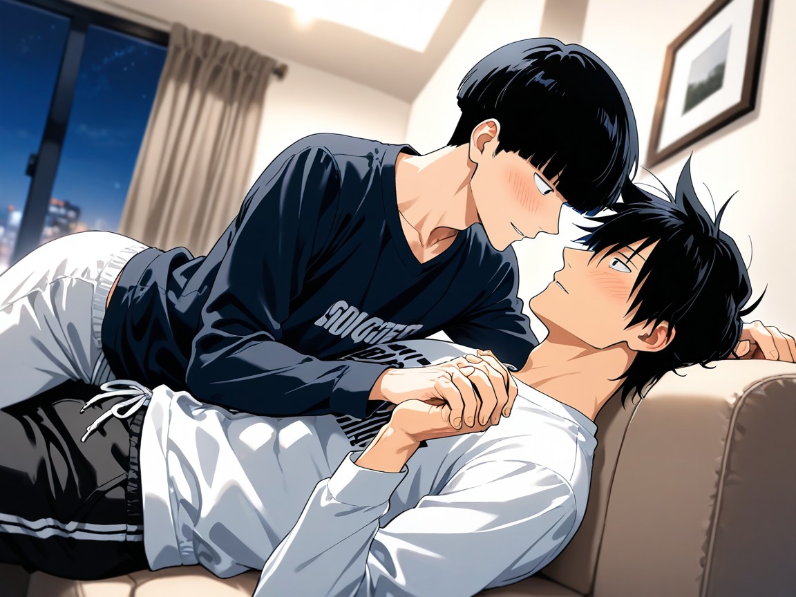 Eye Contact, Sitting On Sofa, Lying On Person AI Gay Porn