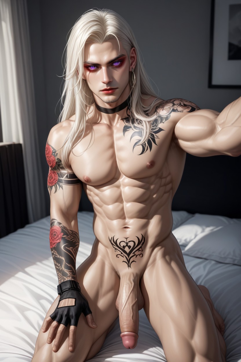 Multi-colored Tattoos, Prfect Male Body, Long Hair AI Gay Porn