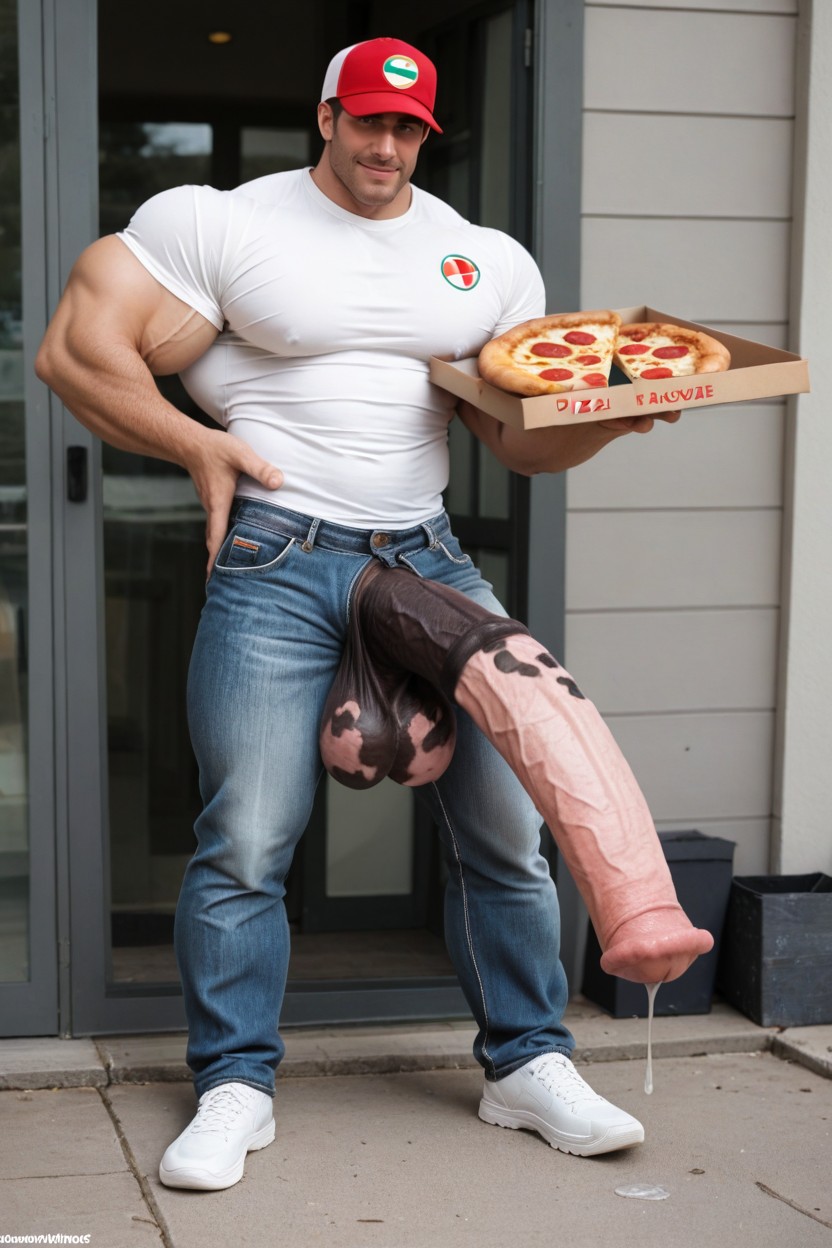 Pizza Delivery Guy, Big Horsecock, Holding His Big Cock In The Other AI Gay Porn