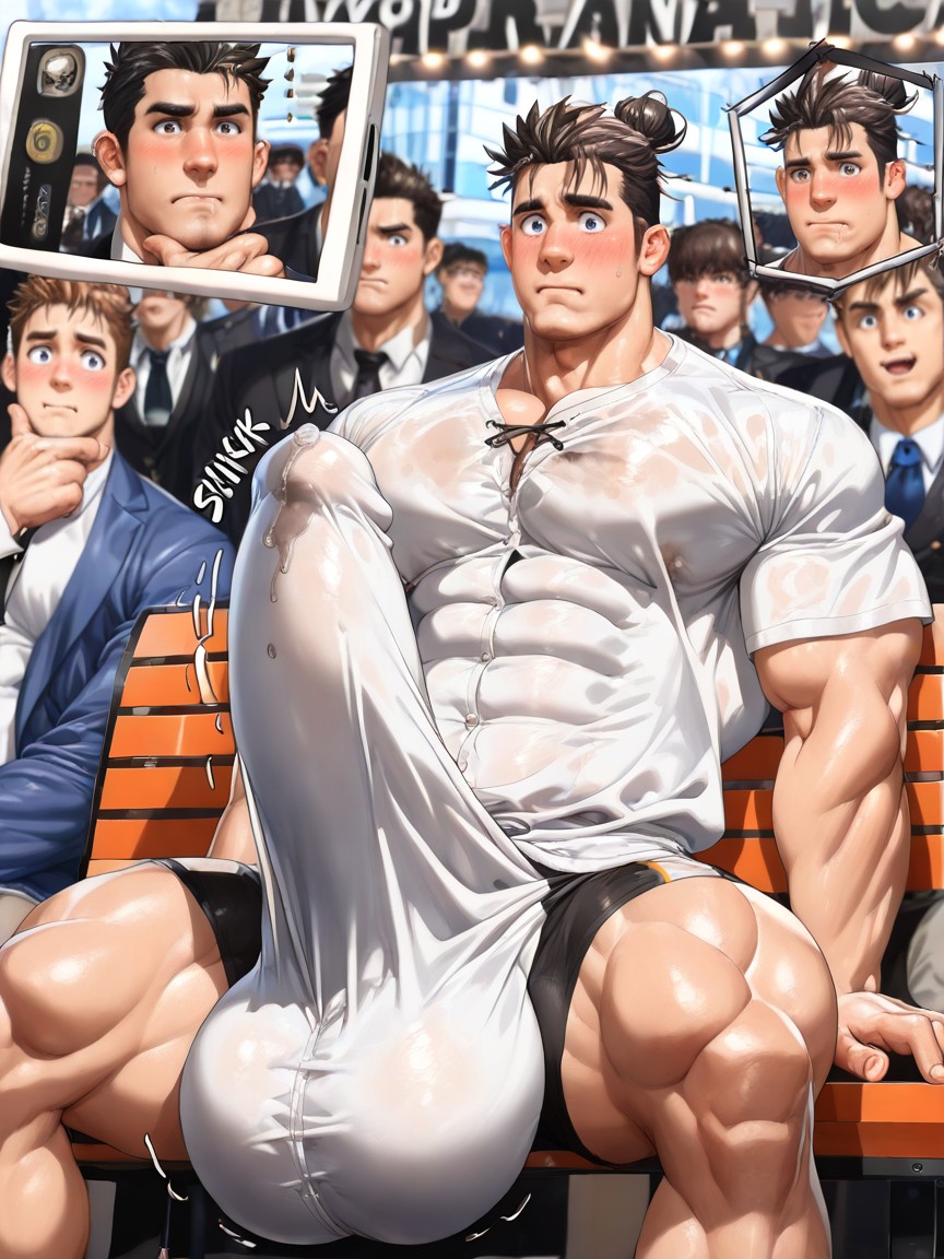 Awkward Erection, White Shirt Wet From Precum, Squeezable AI Gay Porn
