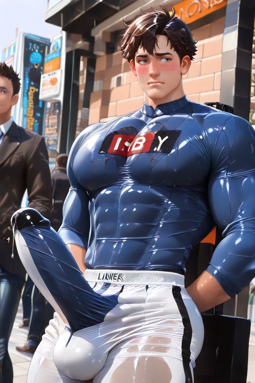 Other Man Touches His Bulge, Angular Features, Glans Bulge On Chest AI Gay Porn