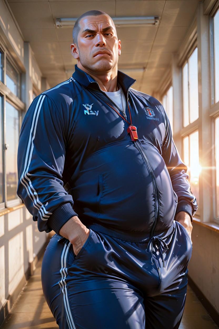 Wearing A Navy Blue Tracksuit, Hands Are In Pockets, Arrogant Scowl AI Gay Porn