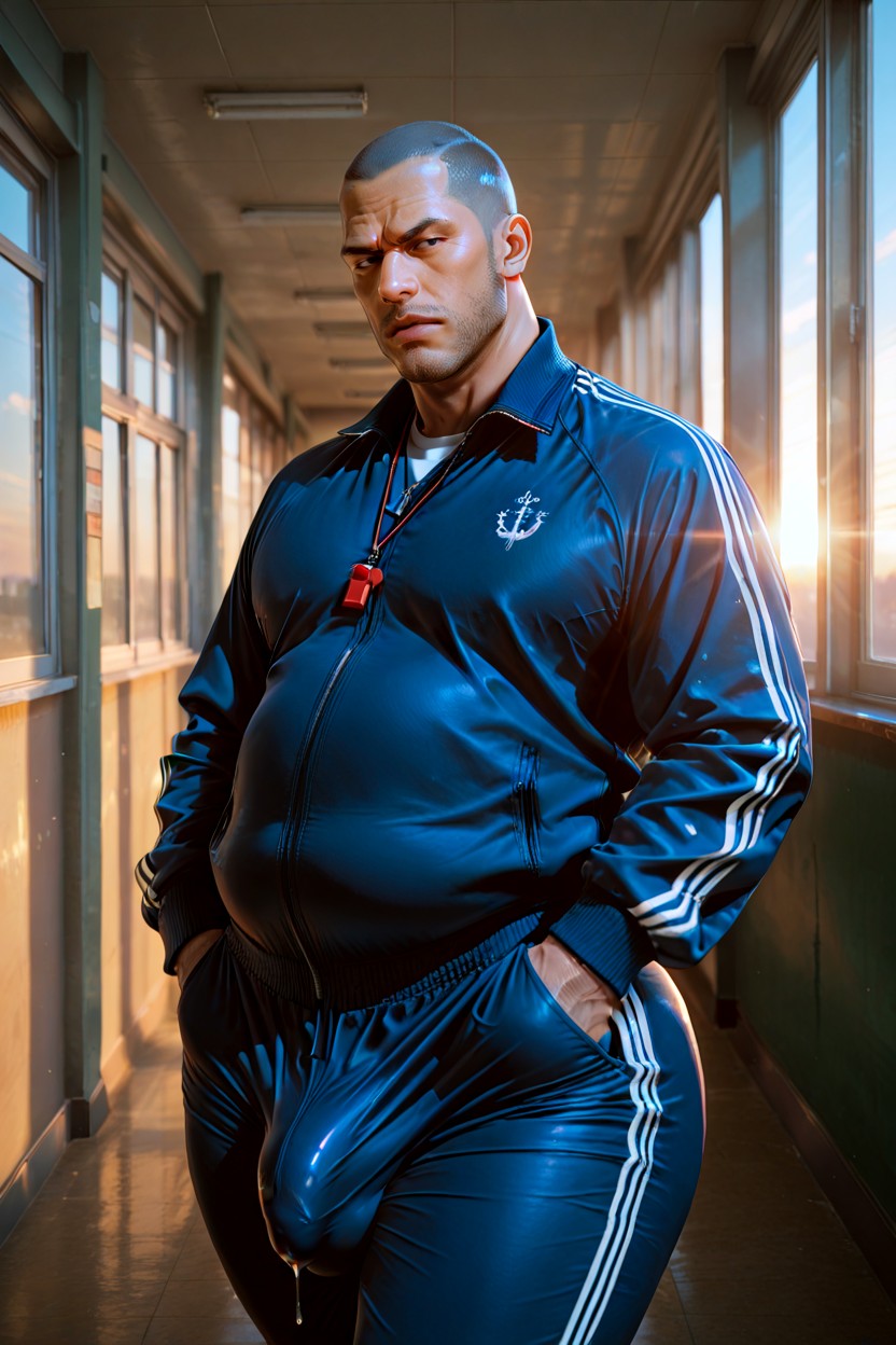 Clothed Potbelly, Intimidating Physique, Hands Are In Pockets AI Gay Porn