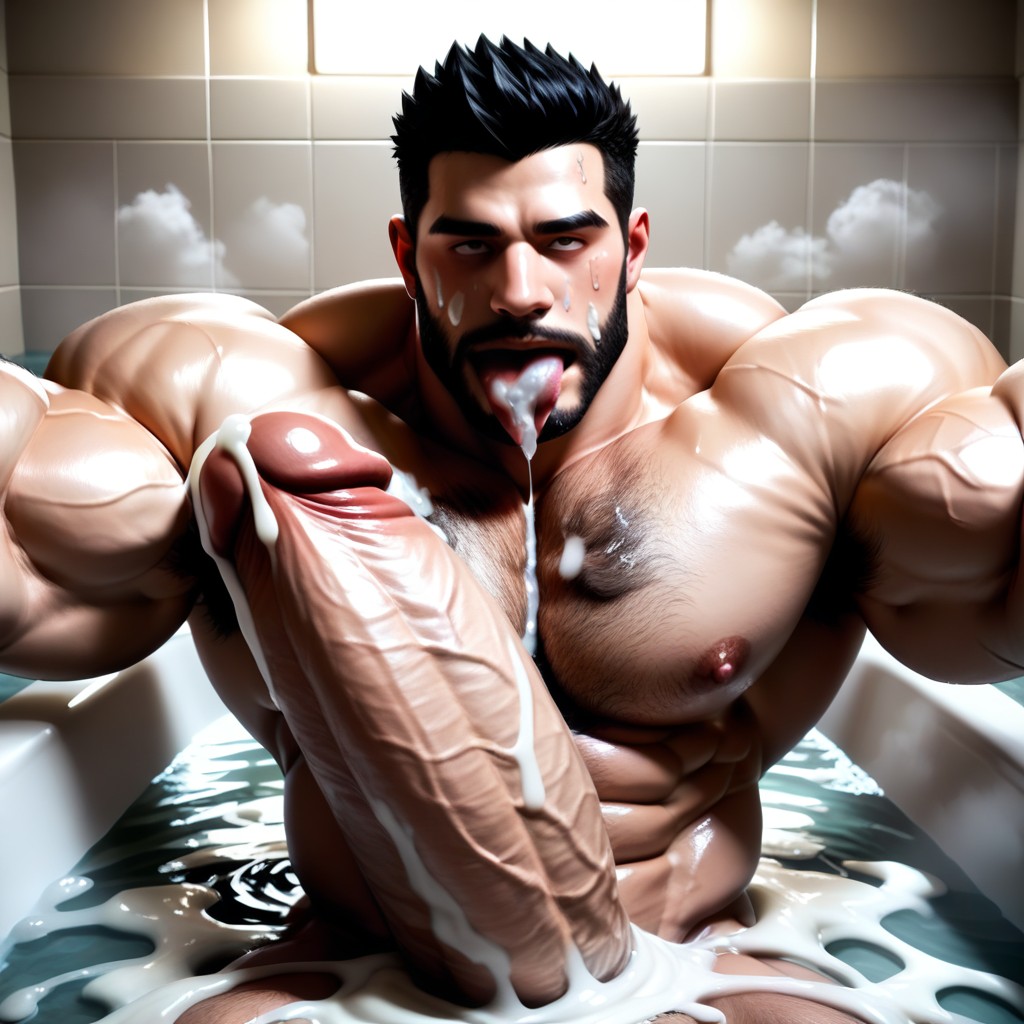 Cock Much Taller Than Him, Absurdly Surreal Oversized Hyper Cock Much Bigger Than Body, Photorealistic AI Gay Porn